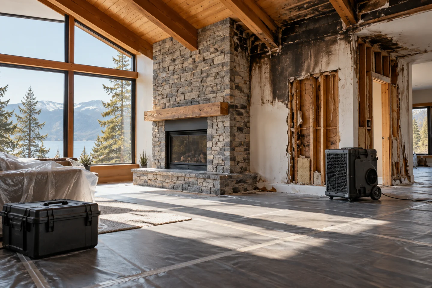 Daylit living room showing smoke-affected walls, exposed framing and restoration equipment